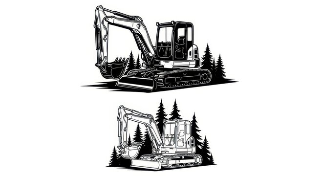 Black and White Excavator Vector Illustration Set with Pine Trees for Construction and Forestry Branding