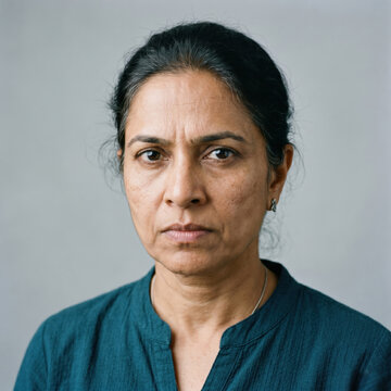 Close-up portrait of serious mature South Asian woman looking at camera with a concerned, unsmiling facial expression. Emotional concept of worry, anxiety, stress, anger, or sadness