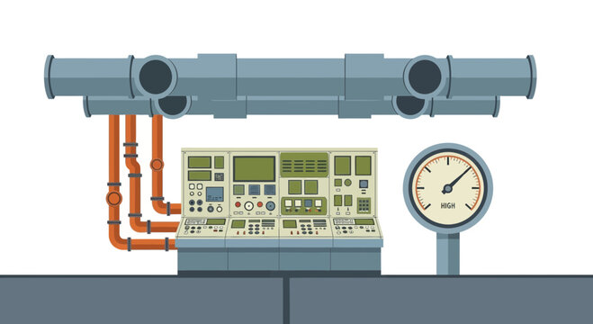Industrial Control Panel with Pipes and Pressure Gauge