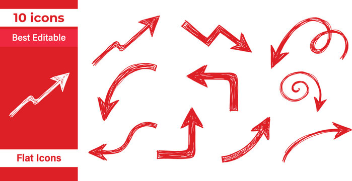 Hand Drawn Red Arrow Icon Set with Curved, Spiral, Zigzag, Sketch and Doodle Direction Symbols Collection