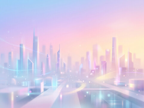 A futuristic cityscape with sleek skyscrapers and a vibrant pastel-colored sky at sunset