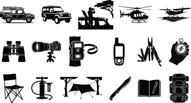 Safari and Outdoor Exploration Silhouette Icons of Vehicles Equipment Tools and Adventure Travel Vector Illustration Set