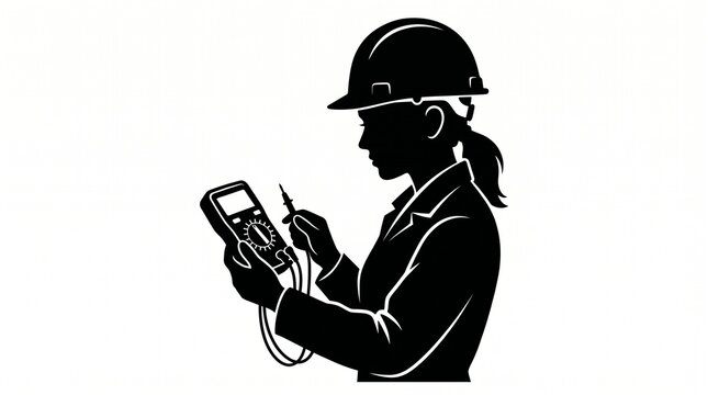 Female Electrical Engineer Silhouette Holding Digital Multimeter Tester Vector Silhouette
