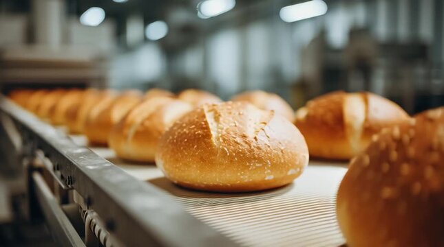 Freshly baked bread loaves moving along an industrial conveyor belt in a commercial bakery. Automated food production, baking industry efficiency, and large-scale manufacturing process.