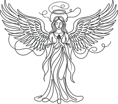 Elegant Line Art Angel with Wings and Halo, Praying Figure