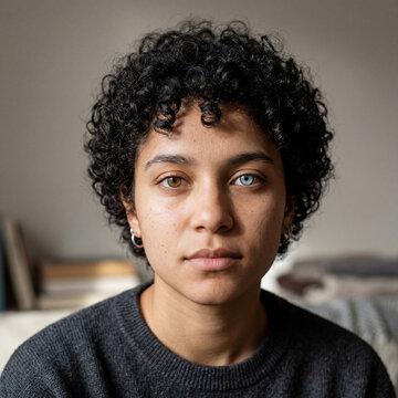 Person with short dark curly hair and heterochromia