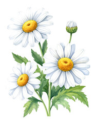 Fototapeta premium Daisies in Bloom: Three delicate white daisies with bright yellow centers are depicted in a watercolor style, accompanied by green leaves and a budding flower.
