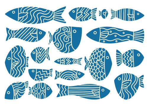 Stencil doodle fish compilation set.  Vector doodle line art illustration set for web, t-shirt design, other graphic design use