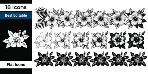 Hibiscus flower silhouettes set. Tropical hawaiian floral elements, summer blossom decoration, and botanical nature flat vector illustration. © Iconic