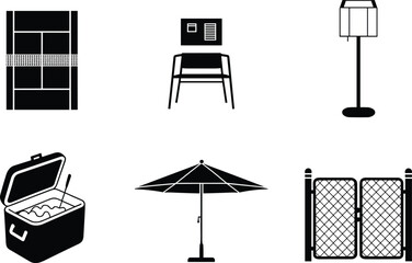 Fototapeta premium Collection of Black Silhouettes: Tennis Court, Chair, Floor Lamp, Cooler, Umbrella, Gate sports game