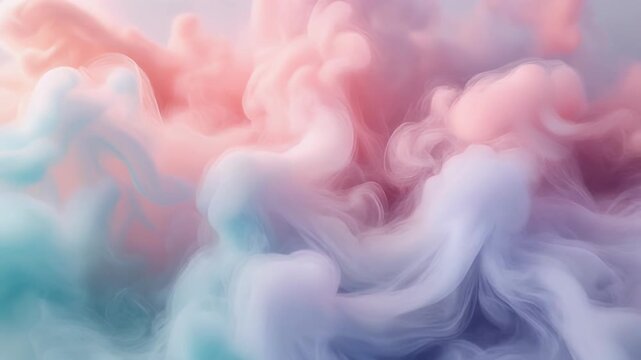 Vibrant pastel smoke swirls in shades of pink, purple, and blue, creating a dreamy abstract background with copy space for design, soft gradient colors, and a smooth texture