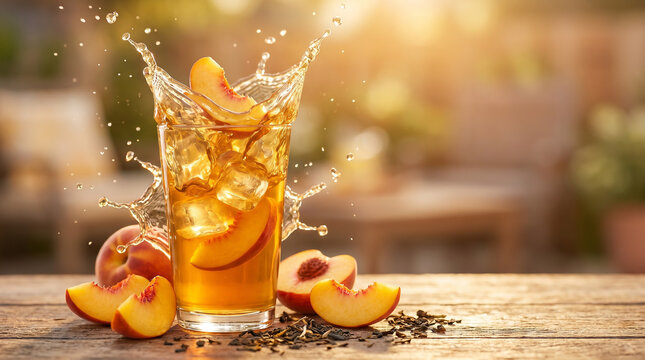 Refreshing Iced Peach Tea with Fruit Slices and High Speed Splash on Wooden Table at Sunset
