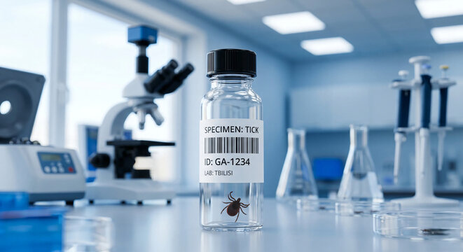Tick specimen bottle with barcode on a laboratory table with microscope in background