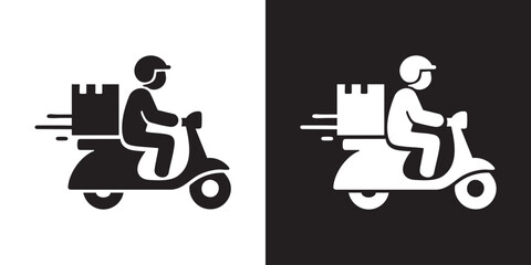 Minimalist Icon of Delivery Person on Scooter with Motion Lines and Cargo Box - Modern Fast Food Courier Symbol, Express Logistics Shipping, and Digital On-Demand Order Dispatch Vector © Arolicon