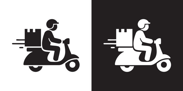 Minimalist Icon of Delivery Person on Scooter with Motion Lines and Cargo Box - Modern Fast Food Courier Symbol, Express Logistics Shipping, and Digital On-Demand Order Dispatch Vector
