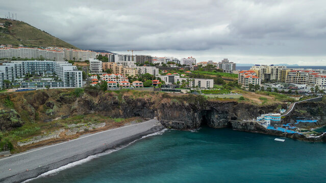 Doca do Cavacas aerial drone view of natural pools and cliffs in Madeira Portugal