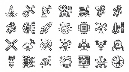 Various space-related icons depicting planets, spacecraft, and astronauts in a technological setting. © abdullaha