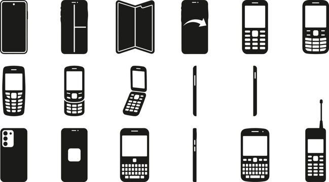 Mobile Phone Evolution Collection Silhouette Vector Icons Set Featuring Smartphone Foldable Flip Keypad and Classic Devices in Black