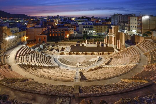 Teatro Romano, blue hour, Roman amphitheater, in the old town of Cartagena, Murcia region, Spain
