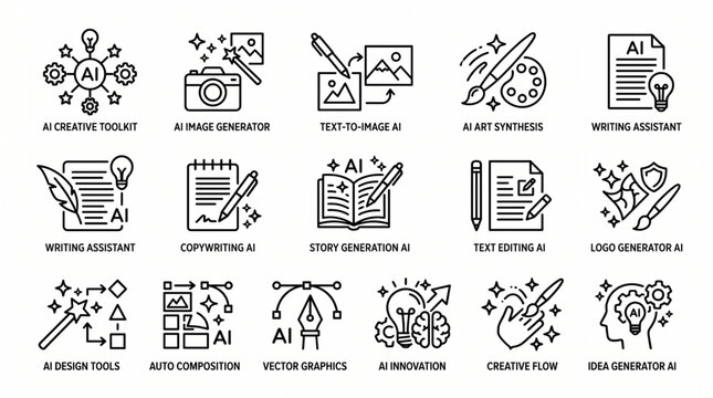 Graphic illustrations showcase various AI creative tools and applications.