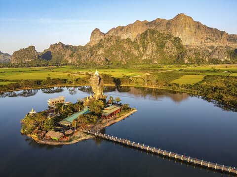Aerial of the Kyauk Kalap pagoda, Hpa-An, Kayin state, Myanmar, Hpa-an Township, Kayin State, Myanmar