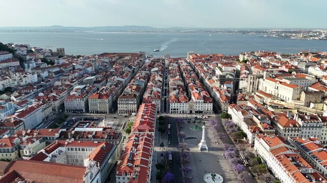 Drone Flyover Above Rossio, Rua Augusta and Commerce Square in Lisbon