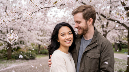 Obraz premium Diverse couple with heterochromia smiles under cherry blossoms