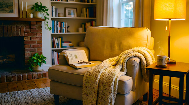 Cozy living room corner with a comfortable armchair and a warm glowing lamp