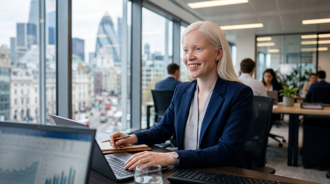 Smiling young adult woman with albinism working on laptop in office
