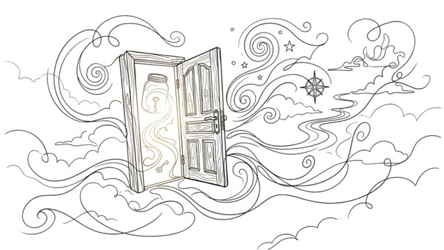 Floating Door Among Clouds &ndash; Continuous One Line Surreal Opportunity and Imagination Art