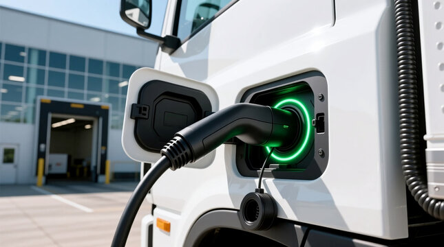 Medium close-up photo of EV charging plug with pulsing green LED light connected to electric truck outside modern solar factory showing sustainable transport