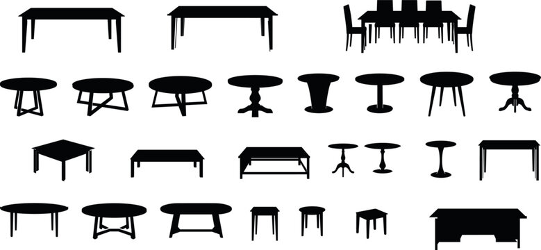 Silhouette illustration featuring diverse table designs including rectangular, square, and round forms, symbolizing furniture variety, interior design, and decorative lifestyle themes