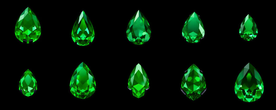 RPG dexterity skill gems icon set, green magic crystals and nature venom stones collection grid for game UI