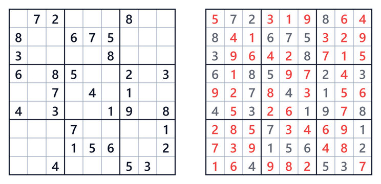Sudoku puzzle with empty grid and filled grid layout example  