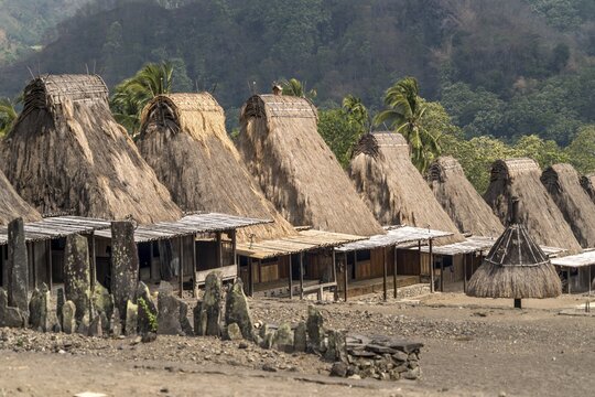 Village square, shrines and traditional thatched wooden houses, Ngada village Guru Sina, Bajawa, Flores Island, Indonesia