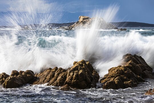 Stormy sea on the rocky coast of Isola Maddalena, Parco Nazionale dell'Arcipelago de la Maddalena, Gallura, Sardinia, Italy