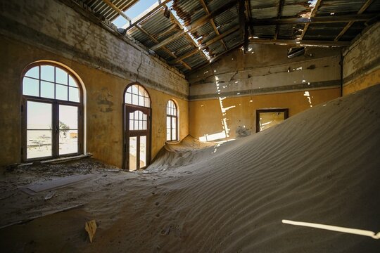 Former dwelling house full of sand, Kolmanskop, restricted diamond area, Karas region, Namibia