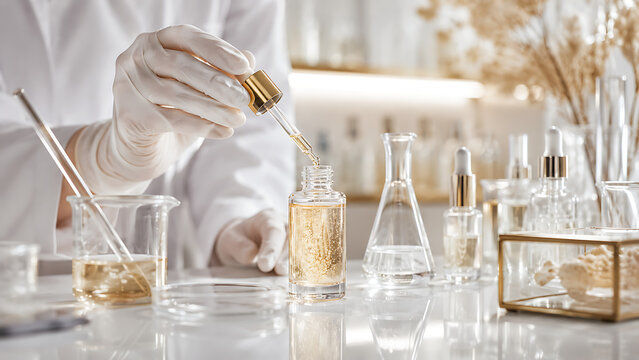 Scientist in lab coat and gloves using a dropper to add golden serum into a glass bottle