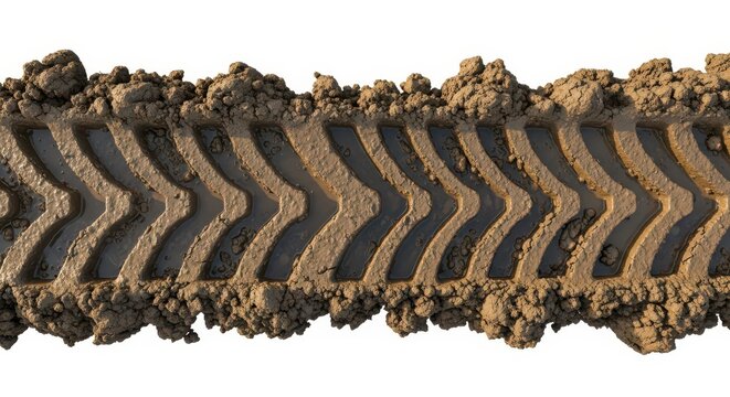 Muddy Tire Track Pattern Isolated on White Background, Heavy Equipment Tread Mark in Wet Brown Earth with Water Puddles