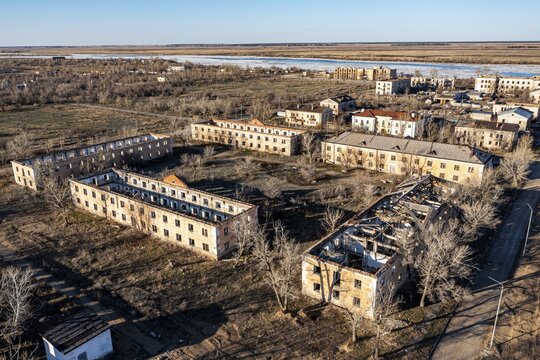 Aerial of collapsed buildings in Kurchatov, fomer headquarter of the Semipalatinsk Polygon, Kazakhstan