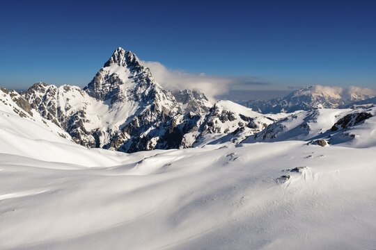 Snow-covered Watzmann from the south, Berchtesgaden Alps, Berchtesgaden National Park, Sch&ouml;nau am K&ouml;nigssee, Berchtesgadener Land, Upper Bavaria, Bavaria, Germany