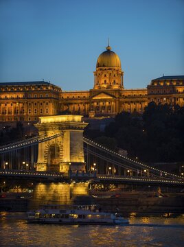 Buda Castle and old chain bridge at dusk, Budapest, Hungary