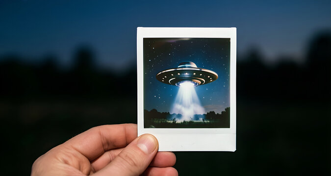 Primo piano di mano che regge una fotografia istantanea di un oggetto volante non identificato, UFO, sullo sfondo un cielo notturno indefinito