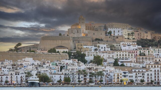 Dark clouds over the fortress and the old town of Eivissa, Ibiza Town, Ibiza, Balearic Islands, Mediterranean Sea, Spain