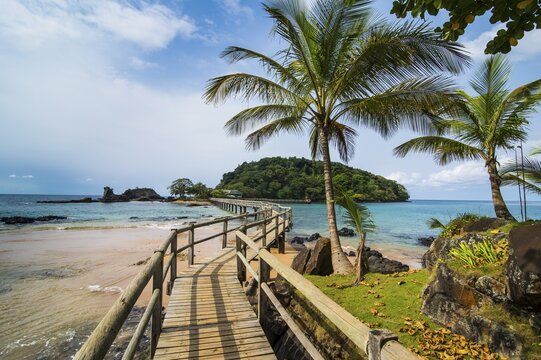 Long wooden pier in the Bom Bom Resort, Unesco biosphere reserve, Principe, Sao Tome and Principe, Atlantic Ocean