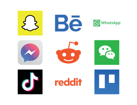 Grid collection of system task utilities and popular social platform shortcuts featuring Snapchat, Behance, WhatsApp, Facebook Messenger, Reddit, WeChat, TikTok, and Trello. Flat vector brand emblems 