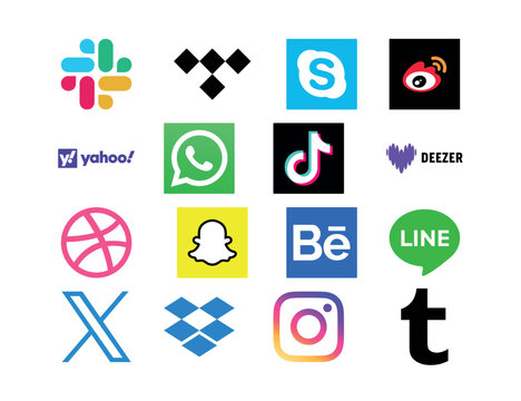 Grid collection of system task utilities and popular social platform shortcuts featuring Slack, Tidal, Skype, Sina Weibo, Yahoo, WhatsApp, TikTok, Deezer, Dribbble, Snapchat, Behance, Line, X, Dropbox