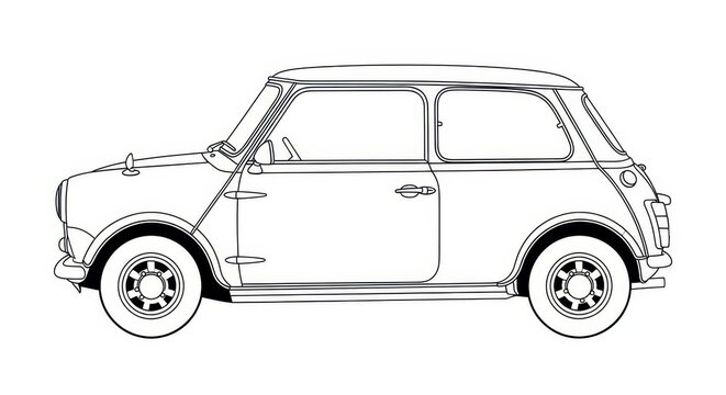 Classic Vintage Mini Cooper Car Line Art Illustration - Minimalist Vector Outline of a Small British Iconic Automobile