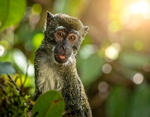 Naklejka premium Monkey in Forest with Green Foliage.