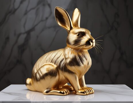 golden rabbit sculpture seated on white marble pedestal with upright ears smooth reflective surface and soft shadowsmevoking elegance artistry and the symbolic choreography of luxury